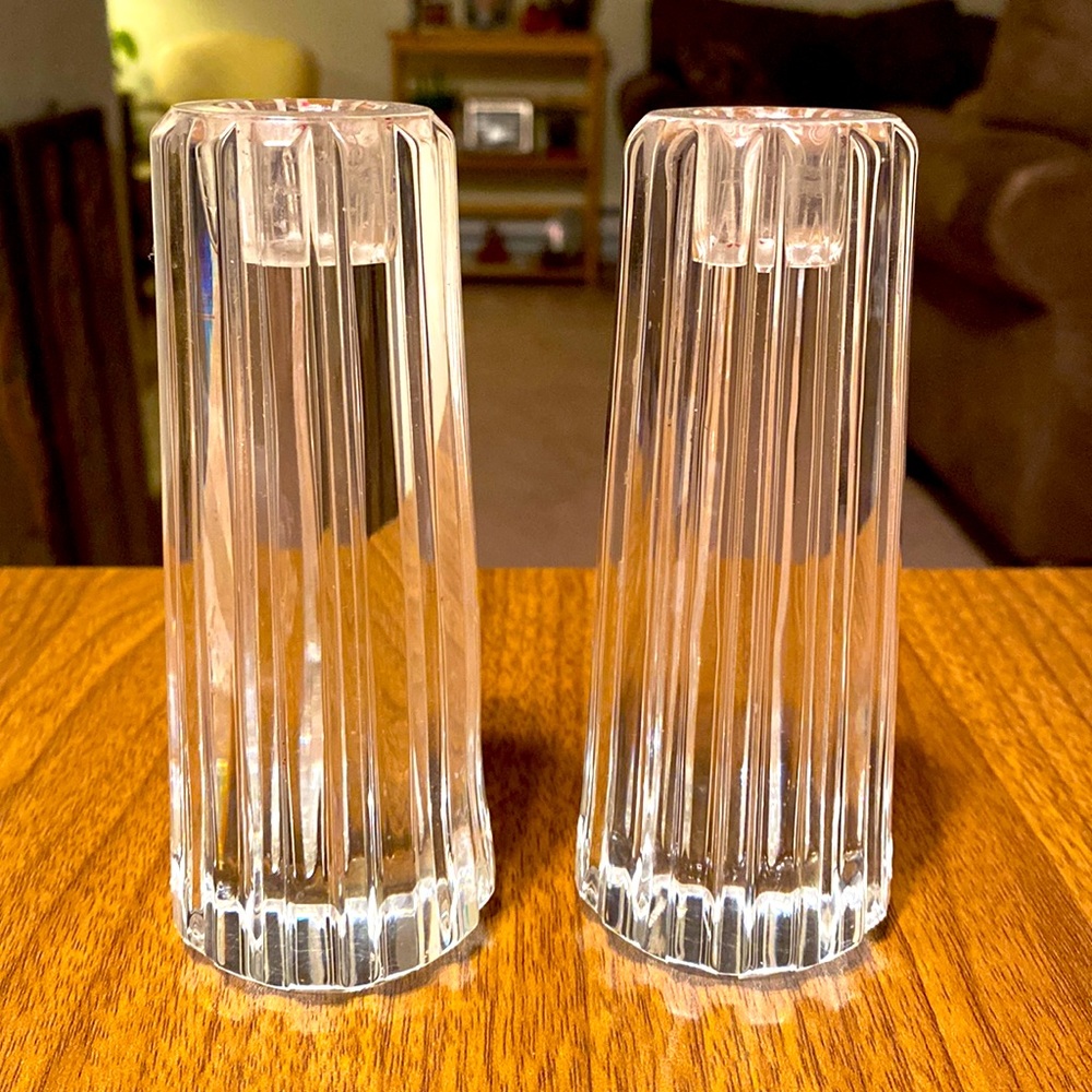 Pair of Tiffany & Co. Ribbed Crystal candle holders, 5 in.